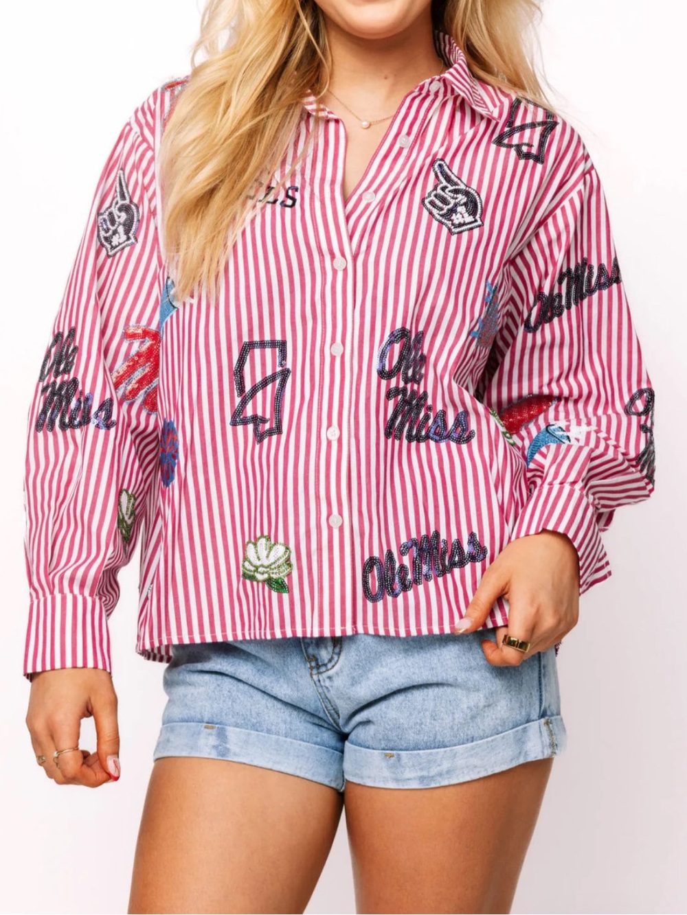 NWT (XS) QUEEN OF SPARKLES Pink & White Striped Embroidered Button-Down